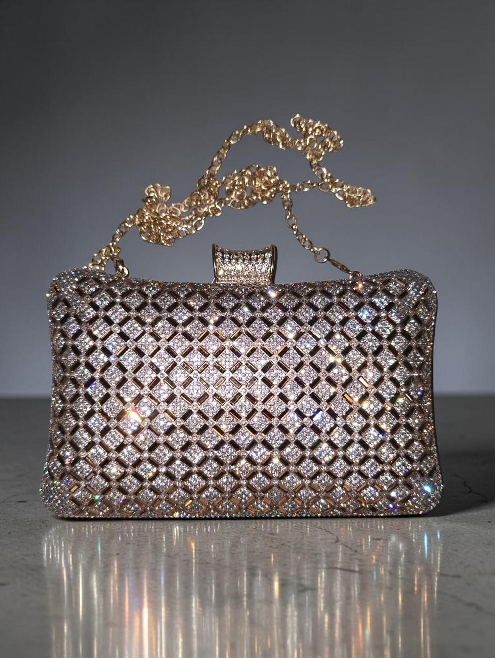 Vintage Rhinestone Crystal Evening Clutch Gold Chain Glam Cocktail Bag